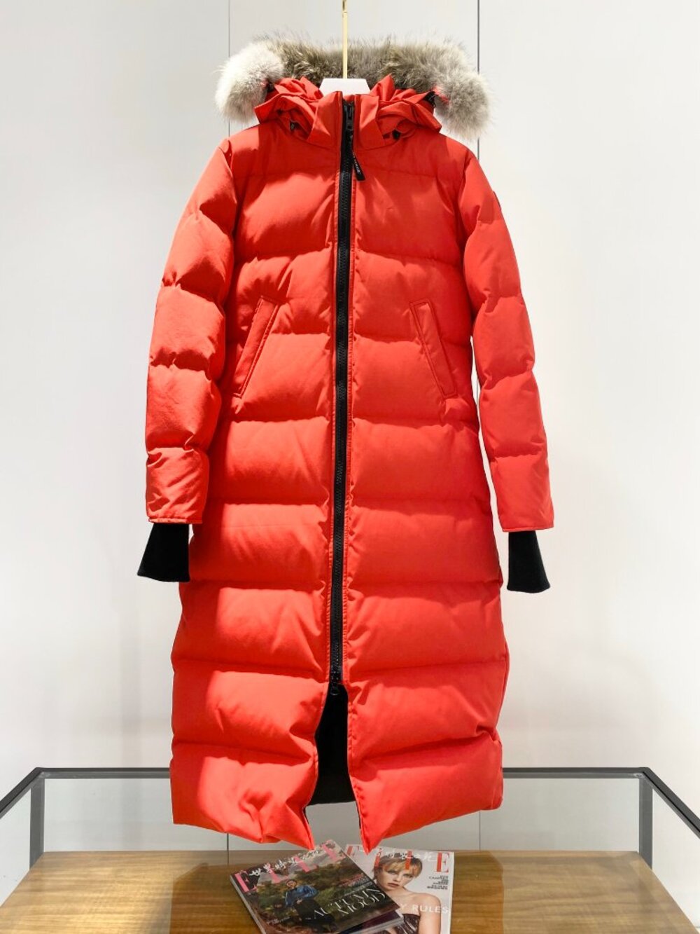 Women’s Orange Long Hooded Parka Fur Trim Down Winter Coat